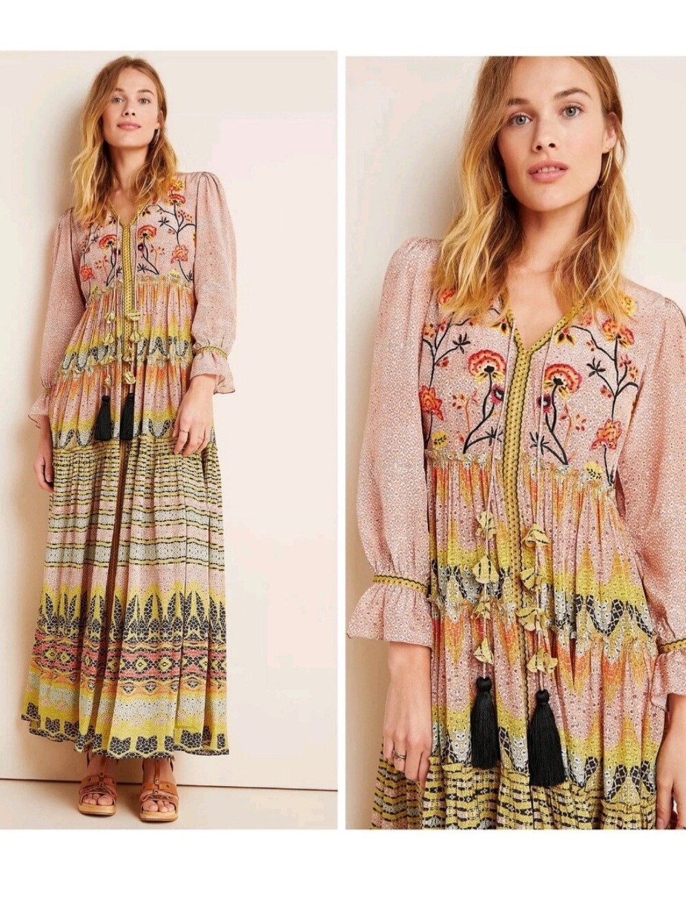 NWT Anthropologie Bhanuni by Jyoti Giorgia Embroidered Maxi Dress Beaded Size 2